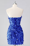 Sparkly Fuchsia Strapless Tight Short Sequins Corset Homecoming Dress with Beading