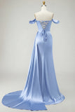 Golden Mermaid Off the Shoulder Beaded Pleated Satin Long Prom Dress with Slit