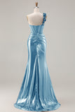 Metallic Burgundy One Shoulder Mermaid Side Slit Long Prom Dress with 3D Flowers