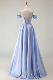 Off The Shoulder A Line Beaded Satin Purple Long Prom Dress with Slit
