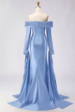 Dark Green Off The Shoulder Ruched Satin Mermaid Long Prom Dress with Long Sleeves