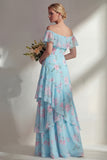 Green A Line Chiffon Off the Shoulder Printed Floral Long Bridesmaid Dress with Ruffles