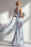 Mermaid Pink Strapless Floral Printed Long Bridesmaid Dress with Slit