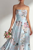 Floral Blue A-Line Strapless Printed Long Bridesmaid Dress