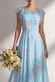 A Line Blue Chiffon Printed Floral Long Bridesmaid Dress with Ruffles