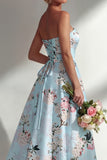 Floral Blue A-Line Strapless Printed Long Bridesmaid Dress
