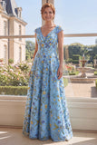 Green A-Line Tulle Embroidered V-Neck Long Mother Of the Bride Dress
