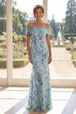 Blue Off the Shoulder Multi Floral Mermaid Tulle Embroidered Mother Of the Bride Dress
