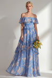 A-Line Yellow Pink Flower Off the Shoulder Chiffon Long Bridesmaid Dress with Ruffles