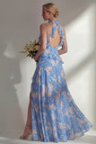 A-Line Blue Pink Flower Halter Neck Chiffon Long Bridesmaid Dress with Ruffles
