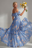 A-Line Yellow Pink Flower Off the Shoulder Chiffon Long Bridesmaid Dress with Ruffles