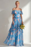 A-Line Yellow Pink Flower Off the Shoulder Chiffon Long Bridesmaid Dress with Ruffles