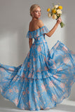 A-Line Yellow Pink Flower Off the Shoulder Chiffon Long Bridesmaid Dress with Ruffles