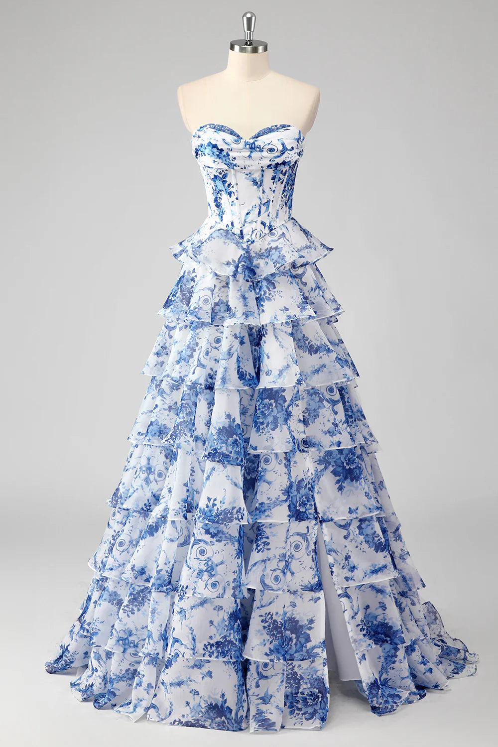 Floral A Line Strapless Corset Tiered Blush Prom Dress with Slit