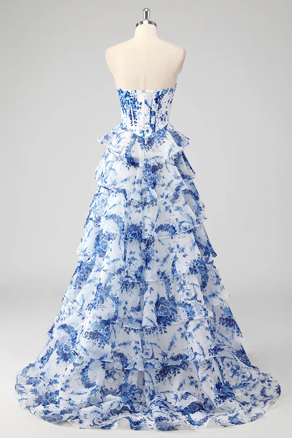 Floral A Line Strapless Corset Tiered Blush Prom Dress with Slit