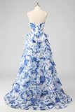Floral A Line Strapless Corset Tiered Blush Prom Dress with Slit