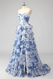 Floral A Line Strapless Corset Tiered Blush Prom Dress with Slit