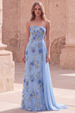 Strapless Pink Mermaid Beaded Floral Long Prom Dress with Sash