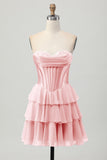 Blue Tiered Corset A Line Strapless Short Homecoming Dress