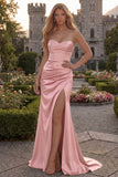 Burgundy Mermaid Strapless Long Satin Prom Dress with Slit