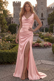 Burgundy Cowl Neck Mermaid Satin Long Prom Dress with Slit