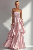 Blush A-Line Spaghetti Straps Long Prom Dress with Ruffles