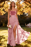 Khaki Sweetheart Tiered Ruffled A-Line Chiffon Maxi Dress with Slit