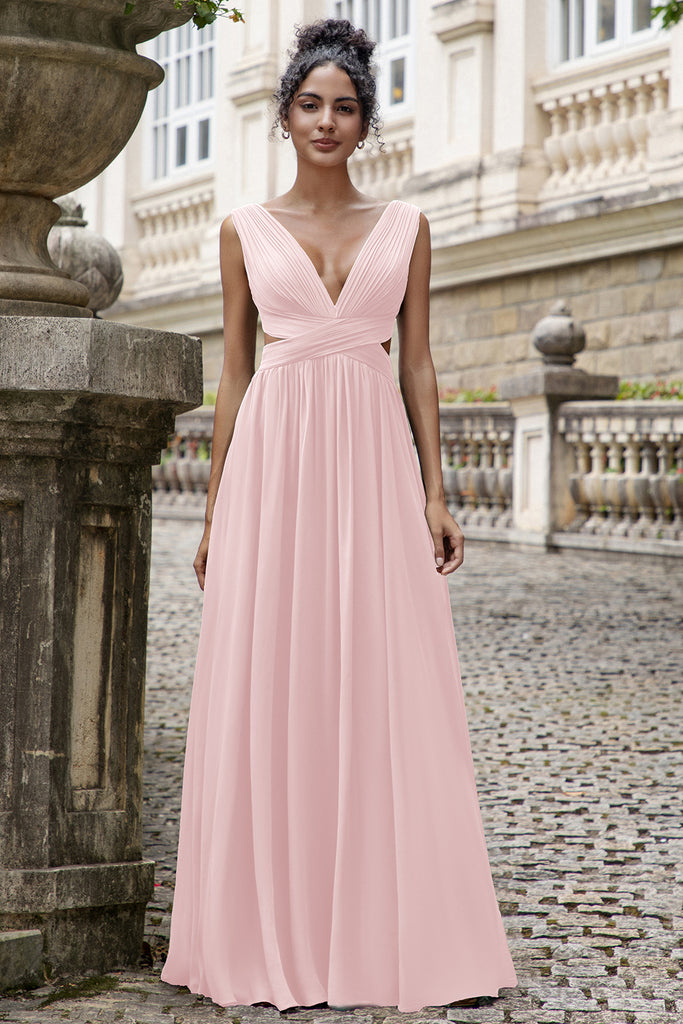 V-Neck Bridesmaid Dress 2024 - Long Chiffon Sleeveless Prom Gown With Side Slit