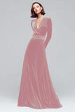 Dark Green A Line V Neck Velvet Holiday Party Dress With Long Sleeves