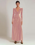 Olive Velvet A-Line V-Neck Formal Dress With Long Sleeves