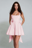 Ivory A Line Square Neck Backless Short Homecoming Dress with Back Giant Bow