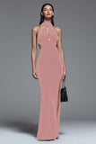 Dark Green Velvet Halter Sheath Long Formal Dress with Slit