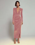 Olive Sheath V-Neck Ruched Velvet Long Formal Dress with slit