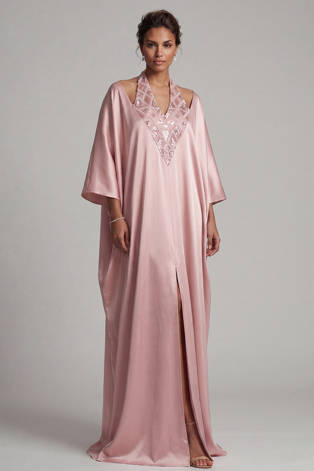 ZAPAKA Women Champagne Long Mother Of the Bride Dress with Slit Satin Sequins Halter Neck Sheath Wedding Guest Dress with Half Sleeves, Blush / US20W