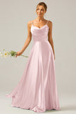 Dusty Sage A Line Cowl Neck Satin Long Bridesmaid Dress with Pleated