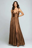 Sliver A Line Metallic Pleated Formal Dress With Slit