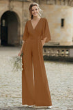 Simple Ivory V-Neck Wedding Jumpsuit with Pocket
