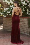 Black Mermaid Velvet Spaghetti Straps Long Holiday Dress with Slit