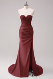 Fuchsia Beaded Mermaid Strapless Corset Long Prom Dress with Slit