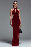 Dark Green Velvet Halter Sheath Long Formal Dress with Slit