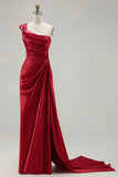 Green One Shoulder Ruched Sheath Long Prom Dress with Slit