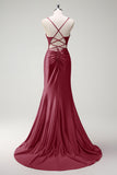 Sparkly Fuchsia Mermaid Spaghetti Straps Beaded Corset Satin Long Prom Dress with Slit