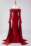 Dark Green Off The Shoulder Ruched Satin Mermaid Long Prom Dress with Long Sleeves