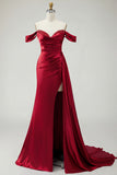 Golden Mermaid Off the Shoulder Beaded Pleated Satin Long Prom Dress with Slit