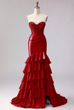 Red Mermaid Sweetheart Beaded Corset Ruffled Long Prom Dress with Slit