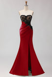 Strapless Mermaid Black Green Appliqued Lace Long Prom Dress with Slit