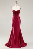 Strapless Beaded Mermaid Red Long Prom Dress with Slit