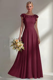 Chiffon Burgundy A Line Bateau Neck Long Bridesmaid Dress with Ruffles