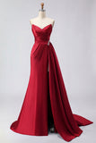 Royal Blue Strapless Mermaid Beaded Long Satin Prom Dress with Slit