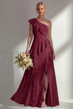 Butter Yellow A Line One Shoulder Chiffon Long Bridesmaid Dress with Ruffles